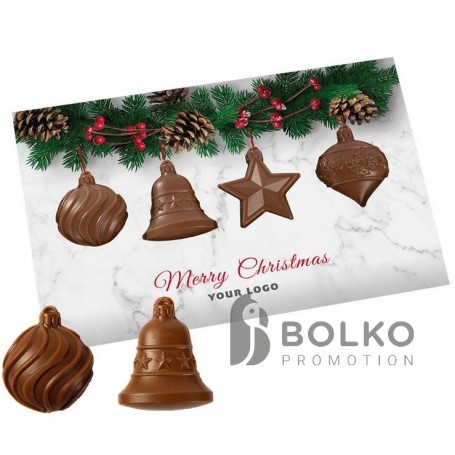 Üdvözlőkártya karácsonyfadísz formájú csokoládéval